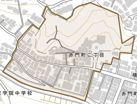 赤門町とその周辺の地図。町の範囲を重ねている