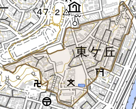 東ケ丘とその周辺の地図。町の範囲を重ねている