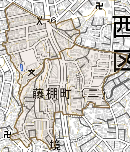 藤棚町とその周辺の地図。町の範囲を重ねている