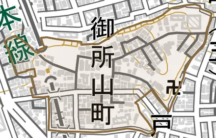 御所山町とその周辺の地図。町の範囲を重ねている