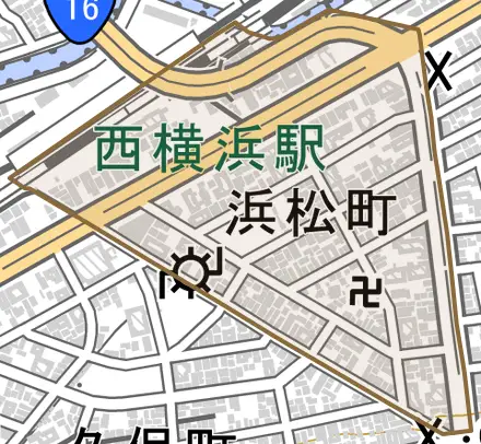 浜松町とその周辺の地図。町の範囲を重ねている