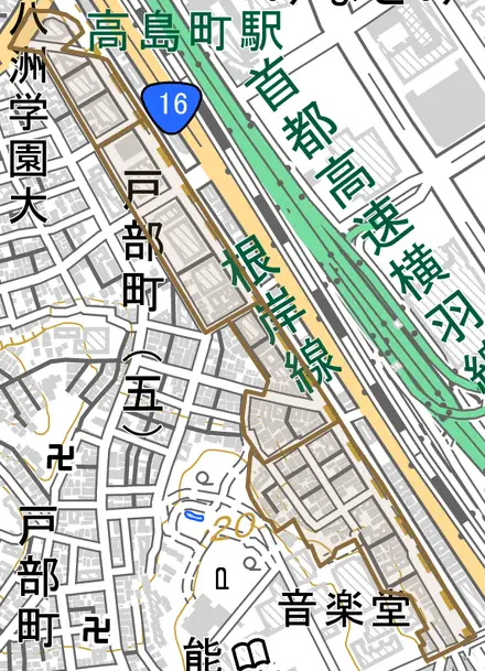 花咲町とその周辺の地図。町の範囲を重ねている