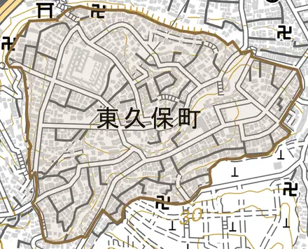東久保町とその周辺の地図。町の範囲を重ねている