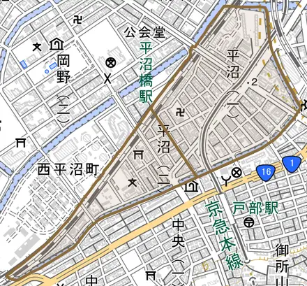 平沼とその周辺の地図。町の範囲を重ねている