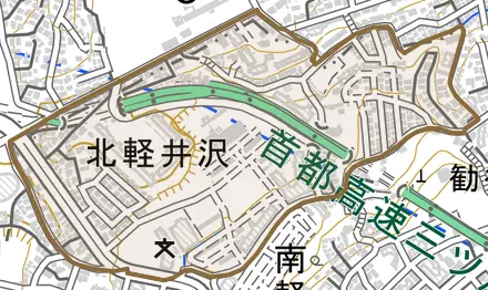 北軽井沢とその周辺の地図。町の範囲を重ねている