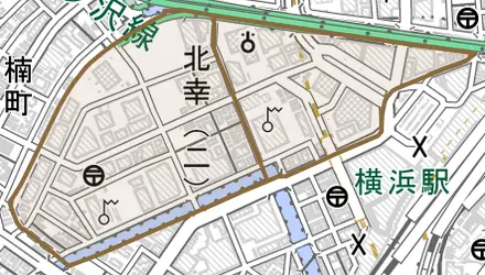 北幸とその周辺の地図。町の範囲を重ねている