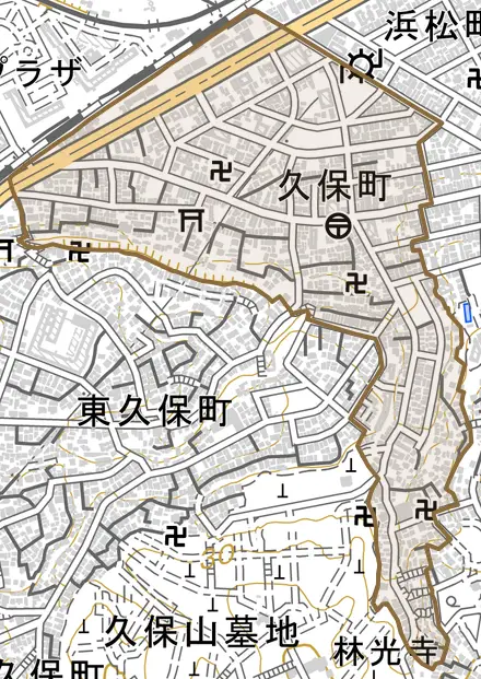 久保町とその周辺の地図。町の範囲を重ねている