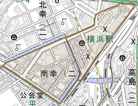 南幸とその周辺の地図。町の範囲を重ねている