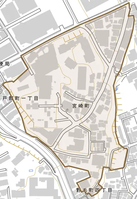 宮崎町とその周辺の地図。町の範囲を重ねている