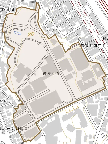 紅葉ケ丘とその周辺の地図。町の範囲を重ねている
