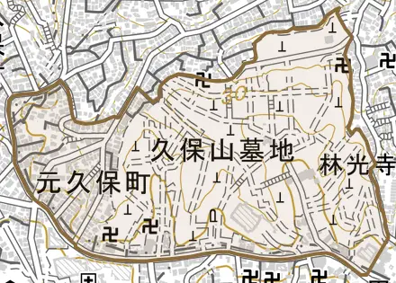 元久保町とその周辺の地図。町の範囲を重ねている