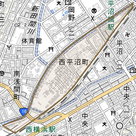 西平沼町とその周辺の地図。町の範囲を重ねている