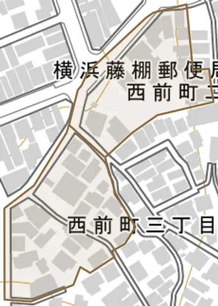 西前町とその周辺の地図。町の範囲を重ねている
