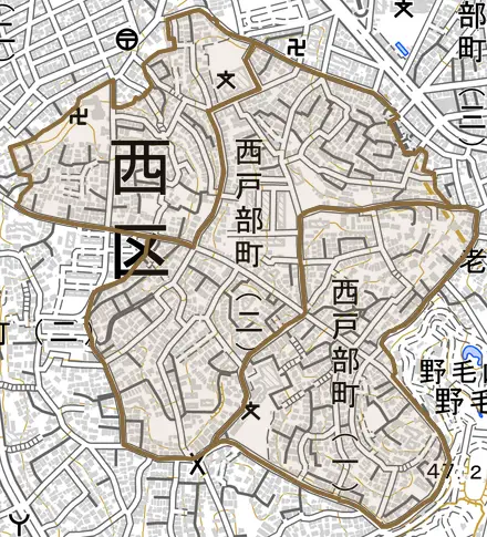 西戸部町とその周辺の地図。町の範囲を重ねている