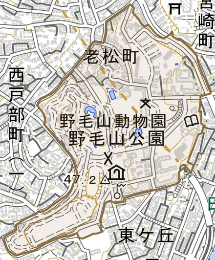 老松町とその周辺の地図。町の範囲を重ねている