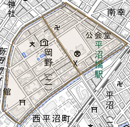 岡野とその周辺の地図。町の範囲を重ねている