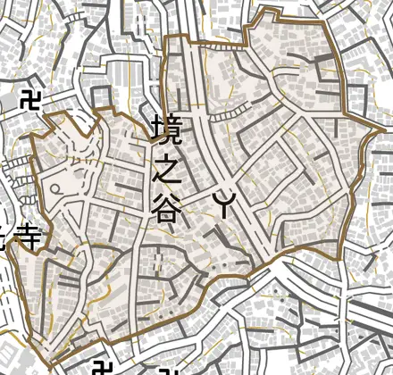 境之谷とその周辺の地図。町の範囲を重ねている