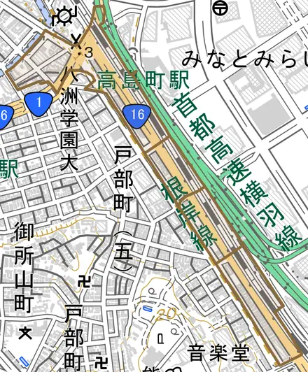 桜木町とその周辺の地図。町の範囲を重ねている