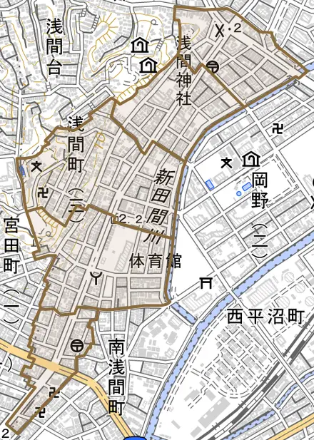 浅間町とその周辺の地図。町の範囲を重ねている