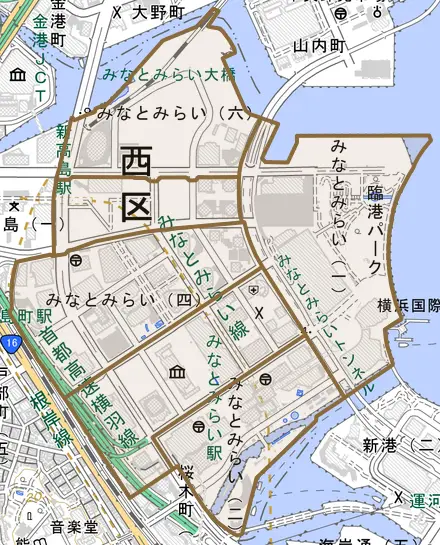 みなとみらいとその周辺の地図。町の範囲を重ねている