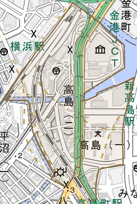 高島とその周辺の地図。町の範囲を重ねている