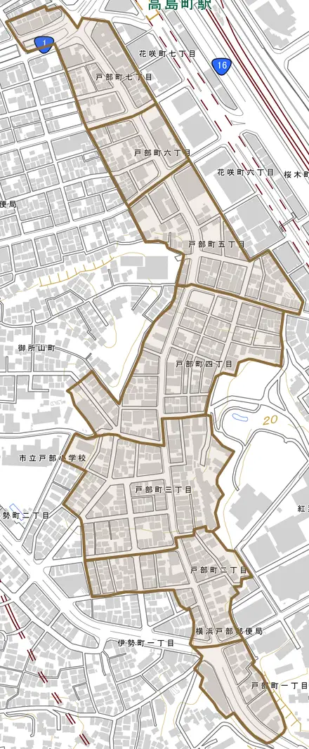 戸部町とその周辺の地図。町の範囲を重ねている
