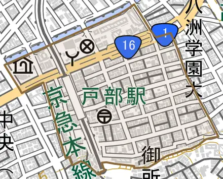 戸部本町とその周辺の地図。町の範囲を重ねている