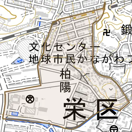 柏陽とその周辺の地図。町の範囲を重ねている