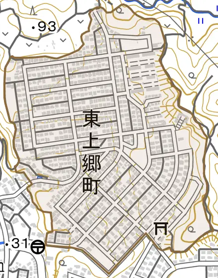東上郷町とその周辺の地図。町の範囲を重ねている