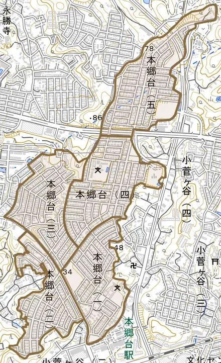 本郷台とその周辺の地図。町の範囲を重ねている