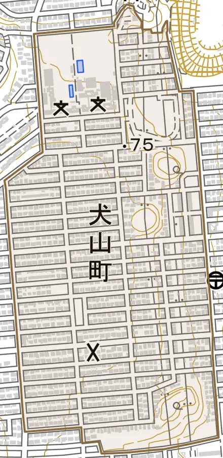 犬山町とその周辺の地図。町の範囲を重ねている