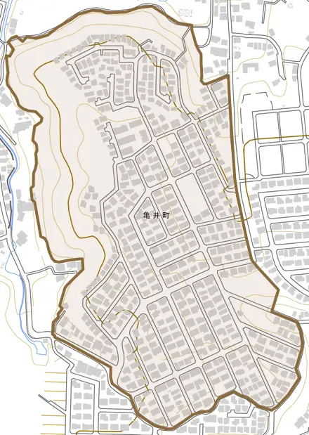 亀井町とその周辺の地図。町の範囲を重ねている