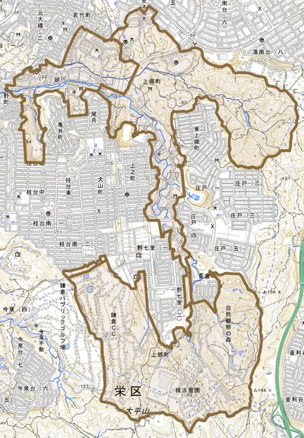 上郷町とその周辺の地図。町の範囲を重ねている