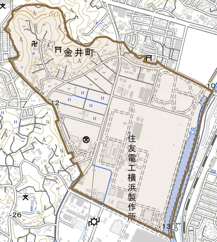 金井町とその周辺の地図。町の範囲を重ねている