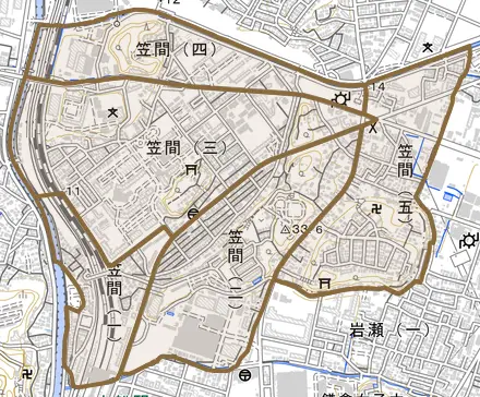 笠間とその周辺の地図。町の範囲を重ねている