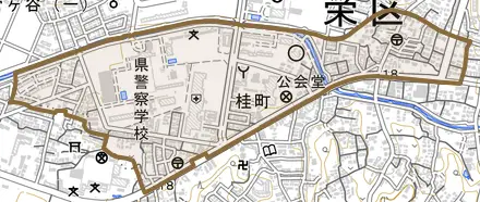 桂町とその周辺の地図。町の範囲を重ねている