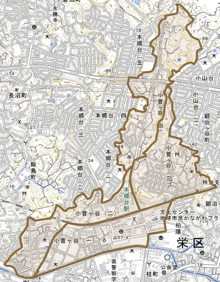 小菅ケ谷とその周辺の地図。町の範囲を重ねている