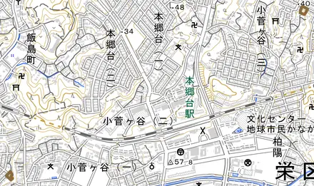 小菅ケ谷町とその周辺の地図。町の範囲を重ねている