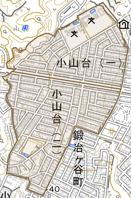小山台とその周辺の地図。町の範囲を重ねている