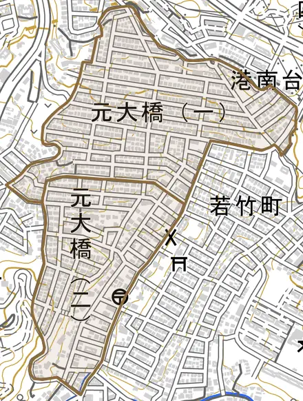 元大橋とその周辺の地図。町の範囲を重ねている