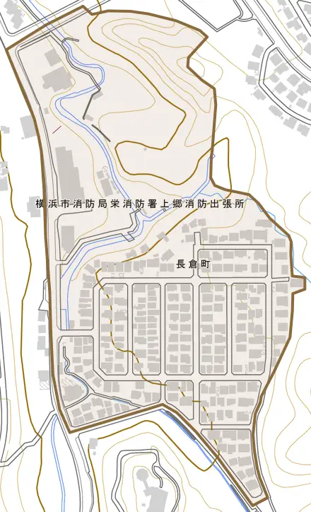 長倉町とその周辺の地図。町の範囲を重ねている