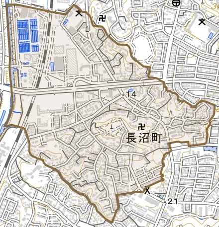 長沼町とその周辺の地図。町の範囲を重ねている