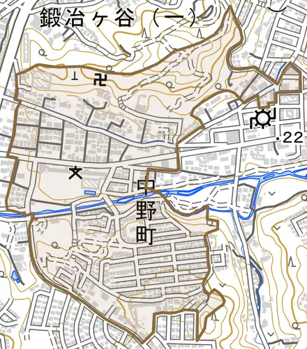 中野町とその周辺の地図。町の範囲を重ねている