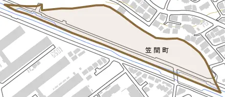笠間町とその周辺の地図。町の範囲を重ねている