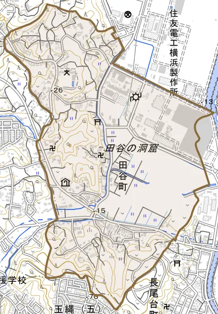 田谷町とその周辺の地図。町の範囲を重ねている