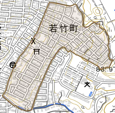 若竹町とその周辺の地図。町の範囲を重ねている