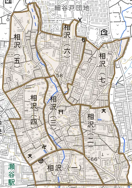 相沢とその周辺の地図。町の範囲を重ねている