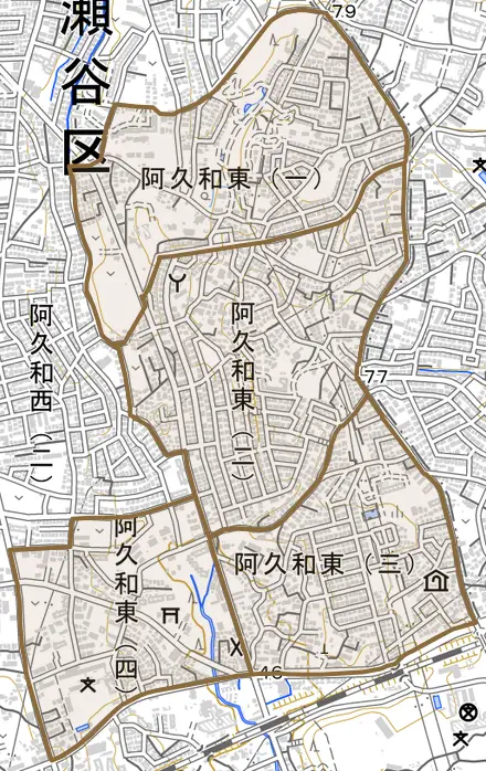 阿久和東とその周辺の地図。町の範囲を重ねている