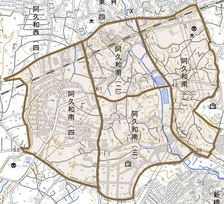 阿久和南とその周辺の地図。町の範囲を重ねている