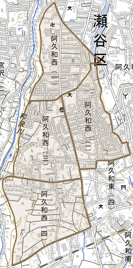 阿久和西とその周辺の地図。町の範囲を重ねている